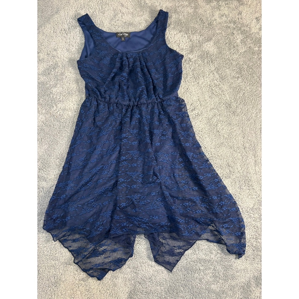 Love Reign Navy Blue Floral Lace Handkerchief Hem Sleeveless Dress Medium